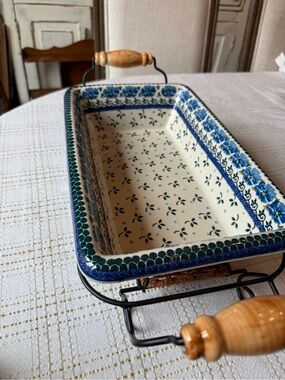 14 x 9 polish pottery baker with wicker & metal serving stand